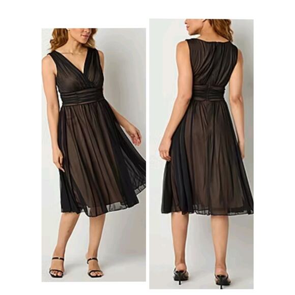 3517)Connected Apparel Brown Gold Sleeveless Chiffon Overlay Fit & Flare Dress 6 - Picture 1 of 9